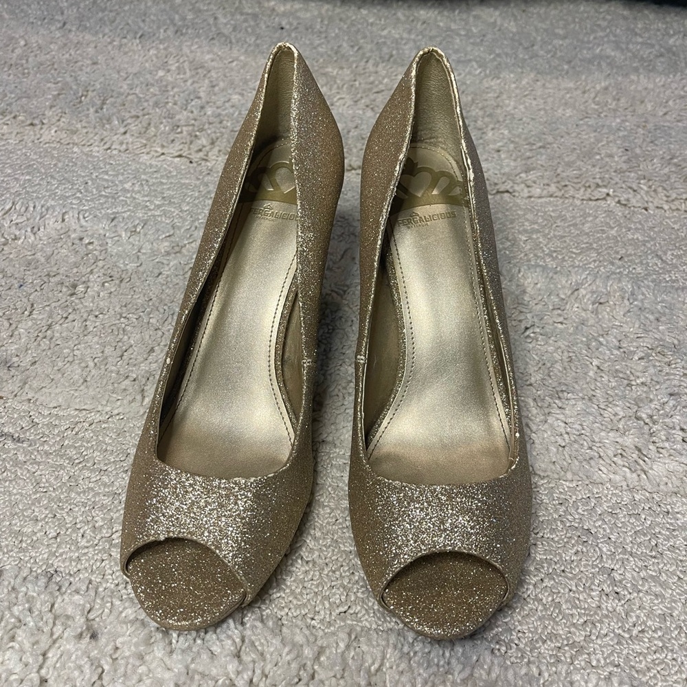 Fergalicious Glitter Peep-Toe Heels in Gold